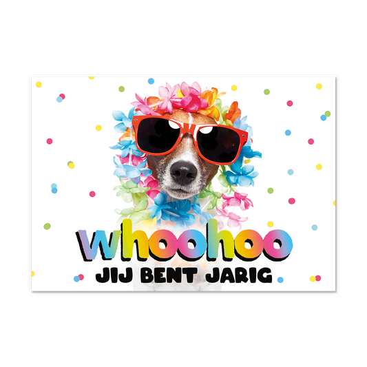 Postcard Whoohoo jij bent jarig - 10 stuks - Formaat: Normaal - Vorm: Liggend - Postcards - Op deze postcard staat de tekst: "Whoohoo jij bent jarig" met daarboven een hand die een grote rode zonnenbril op heeft en bloemenslingers. - Snelwenskaart