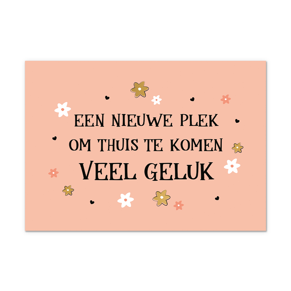 Postcard Een nieuwe plek - 10 stuks - Formaat: Normaal - Vorm: Liggend - Postcards - Op deze postcard staat de tekst: "Een nieuwe plek om thuis te komen veel geluk" omringt door kleine bloemen en hartjes. - Snelwenskaart