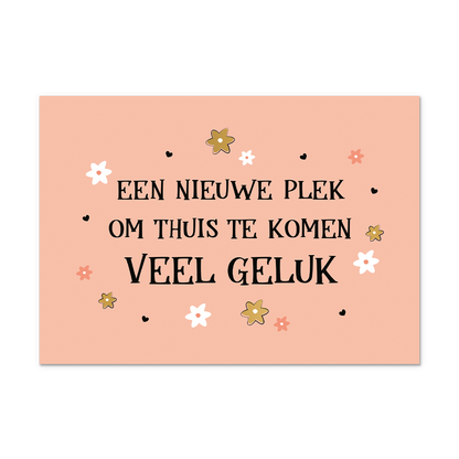Postcard Een nieuwe plek - 10 stuks - Formaat: Normaal - Vorm: Liggend - Postcards - Op deze postcard staat de tekst: "Een nieuwe plek om thuis te komen veel geluk" omringt door kleine bloemen en hartjes. - Snelwenskaart