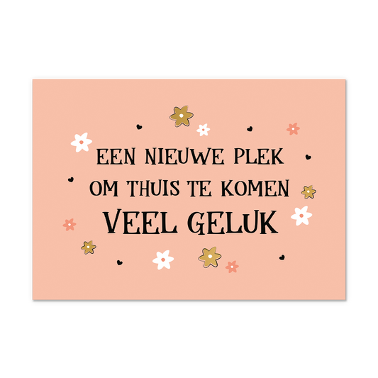Postcard Een nieuwe plek - 10 stuks - Formaat: Normaal - Vorm: Liggend - Postcards - Op deze postcard staat de tekst: "Een nieuwe plek om thuis te komen veel geluk" omringt door kleine bloemen en hartjes. - Snelwenskaart