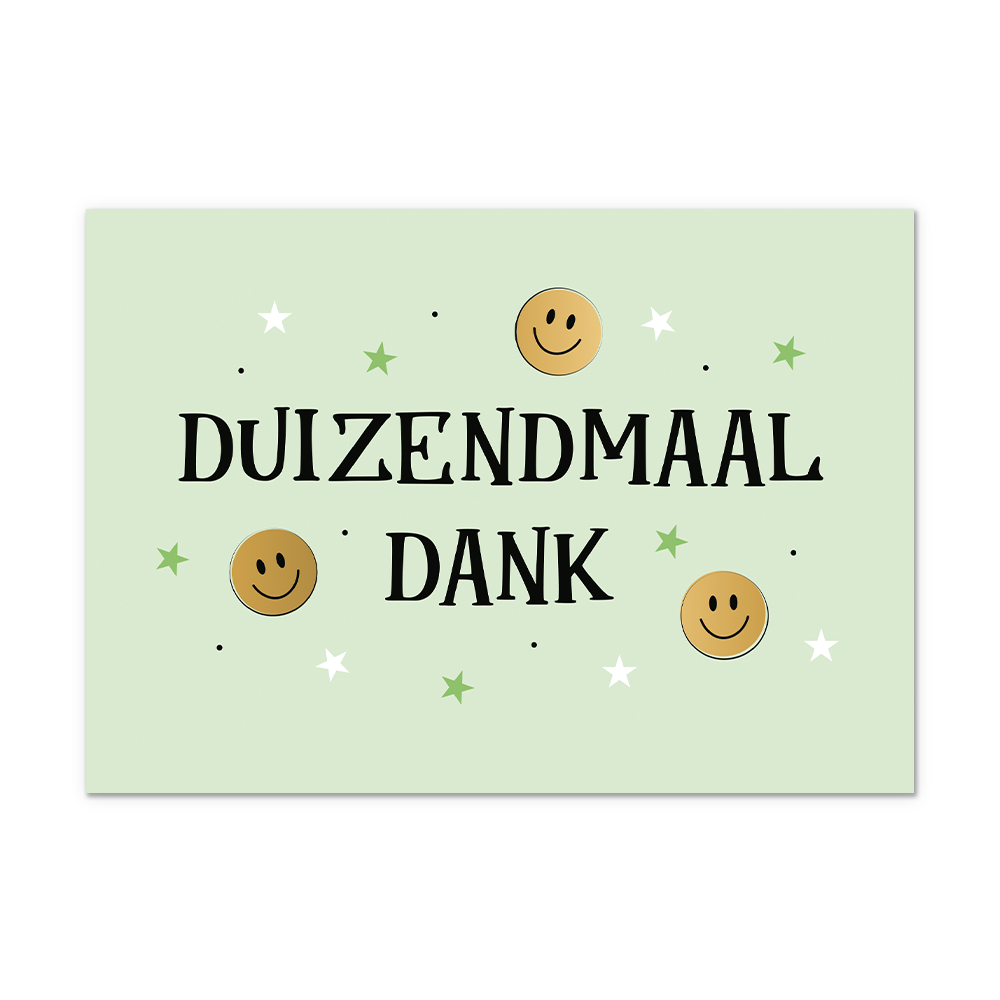 Postcard Duizendmaal dank - 10 stuks - Formaat: Normaal - Vorm: Liggend - Postcards - Op deze postcard staat de tekst: "Duizendmaal dank" omringt door smiley's en sterren. - Snelwenskaart