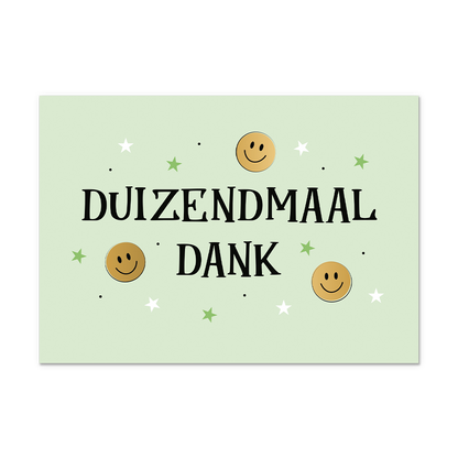 Postcard Duizendmaal dank - 10 stuks - Formaat: Normaal - Vorm: Liggend - Postcards - Op deze postcard staat de tekst: "Duizendmaal dank" omringt door smiley's en sterren. - Snelwenskaart