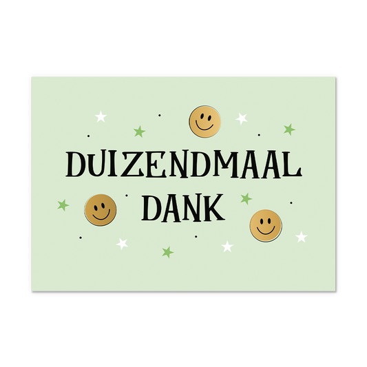 Postcard Duizendmaal dank - 10 stuks - Formaat: Normaal - Vorm: Liggend - Postcards - Op deze postcard staat de tekst: "Duizendmaal dank" omringt door smiley's en sterren. - Snelwenskaart