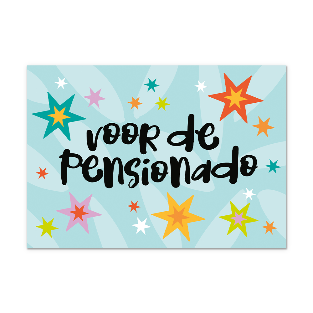 Postcard Voor de pensionado - 10 stuks - Formaat: Normaal - Vorm: Liggend - Postcards - Op deze postcard staat de tekst: "Voor de pensionado" omringt door sterren in diverse kleuren. - Snelwenskaart