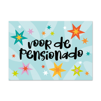 Postcard Voor de pensionado - 10 stuks - Formaat: Normaal - Vorm: Liggend - Postcards - Op deze postcard staat de tekst: "Voor de pensionado" omringt door sterren in diverse kleuren. - Snelwenskaart