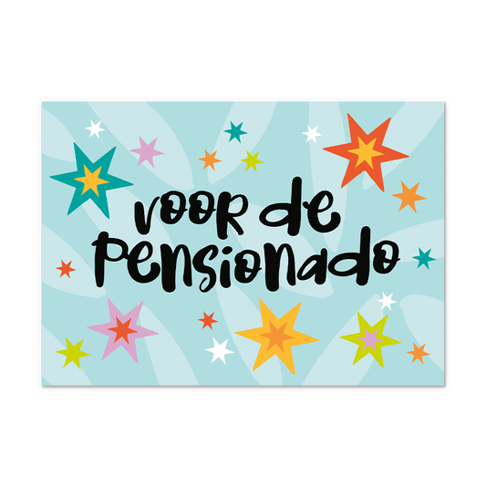 Postcard Voor de pensionado - 10 stuks - Formaat: Normaal - Vorm: Liggend - Postcards - Op deze postcard staat de tekst: "Voor de pensionado" omringt door sterren in diverse kleuren. - Snelwenskaart