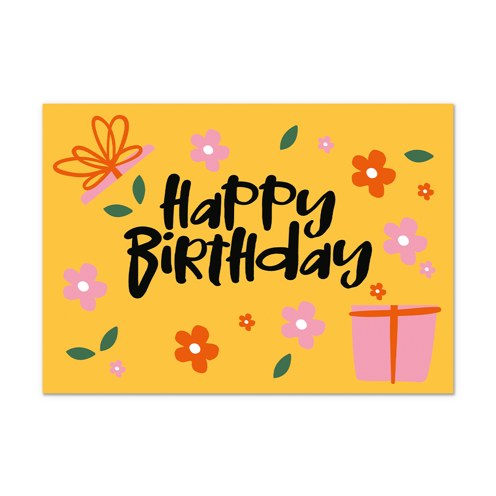 Postcard Happy birthday - 10 stuks - Formaat: Normaal - Vorm: Liggend - Postcards - Op deze postcard staat de tekst: "Happy birthday" met daarnaast een roze cadeau en bloemetjes. - Snelwenskaart