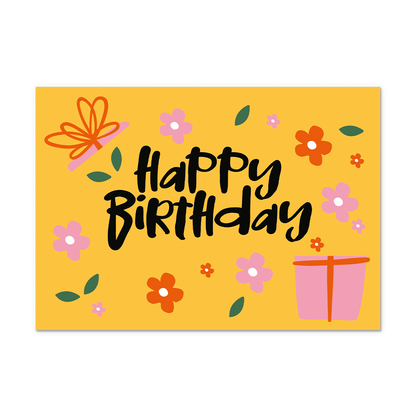 Postcard Happy birthday - 10 stuks - Formaat: Normaal - Vorm: Liggend - Postcards - Op deze postcard staat de tekst: "Happy birthday" met daarnaast een roze cadeau en bloemetjes. - Snelwenskaart