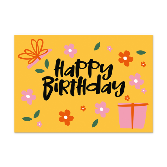 Postcard Happy birthday - 10 stuks - Formaat: Normaal - Vorm: Liggend - Postcards - Op deze postcard staat de tekst: "Happy birthday" met daarnaast een roze cadeau en bloemetjes. - Snelwenskaart