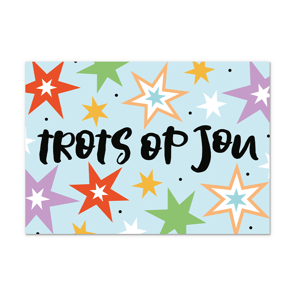 Postcard Trots op jou - 10 stuks - Formaat: Normaal - Vorm: Liggend - Postcards - Op deze postcard staat de tekst: "Trots op jou" omringt door sterren in diverse kleuren. - Snelwenskaart