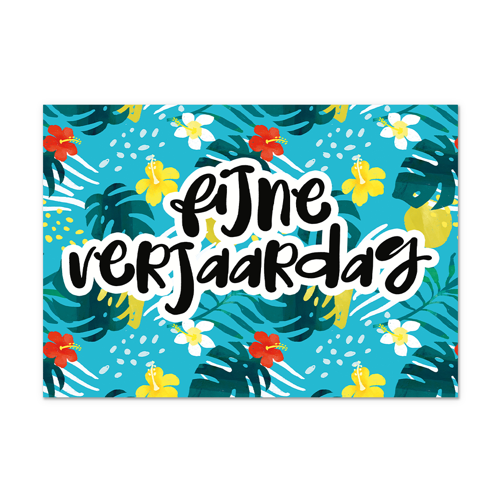 Postcard Fijne verjaardag - 10 stuks - Formaat: Normaal - Vorm: Liggend - Postcards - Op deze postcard staat de tekst: "Fijne verjaardag" omringt door groene en witte bladeren en gele, witte en rode bloemen. - Snelwenskaart