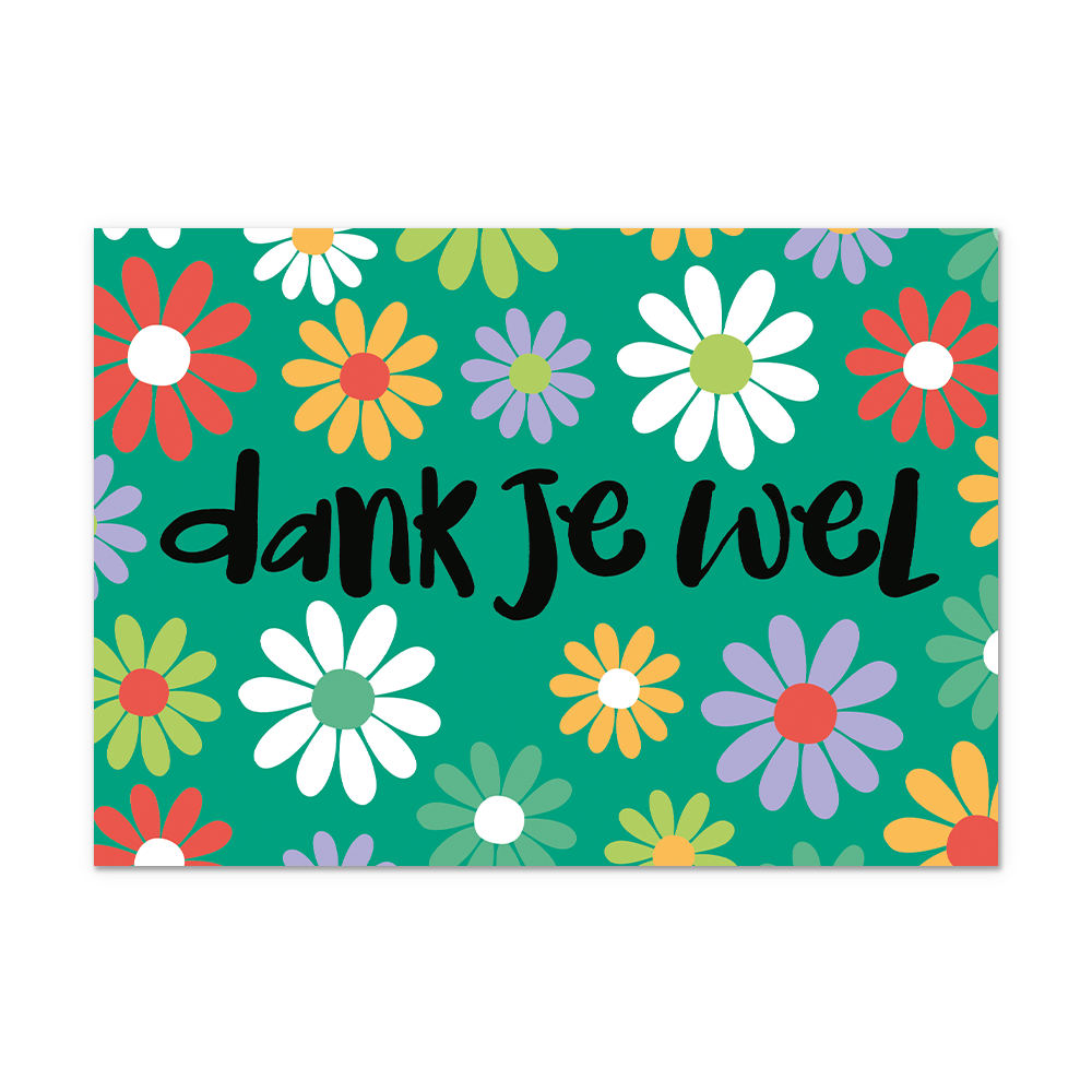 Postcard Dank je wel - 10 stuks - Formaat: Normaal - Vorm: Liggend - Postcards - Op deze postcard staat de tekst: "Dank je wel" omringt door getekende bloemen in diverse kleuren. - Snelwenskaart