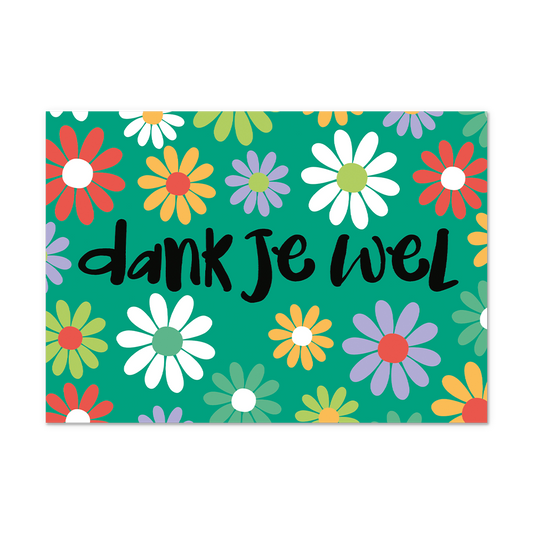 Postcard Dank je wel - 10 stuks - Formaat: Normaal - Vorm: Liggend - Postcards - Op deze postcard staat de tekst: "Dank je wel" omringt door getekende bloemen in diverse kleuren. - Snelwenskaart