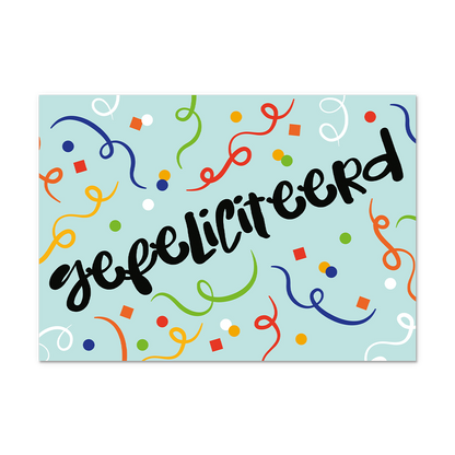 Postcard Gefeliciteerd - 10 stuks - Formaat: Normaal - Vorm: Liggend - Postcards - Op deze postcard staat de tekst: "Gefeliciteerd" omringt door slingers. - Snelwenskaart