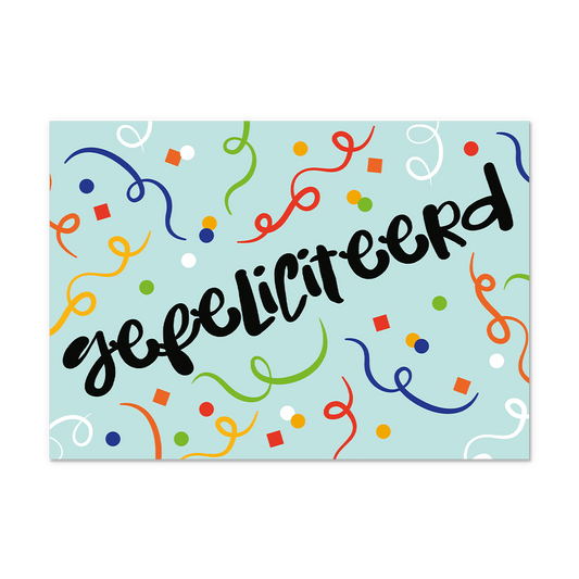 Postcard Gefeliciteerd - 10 stuks - Formaat: Normaal - Vorm: Liggend - Postcards - Op deze postcard staat de tekst: "Gefeliciteerd" omringt door slingers. - Snelwenskaart