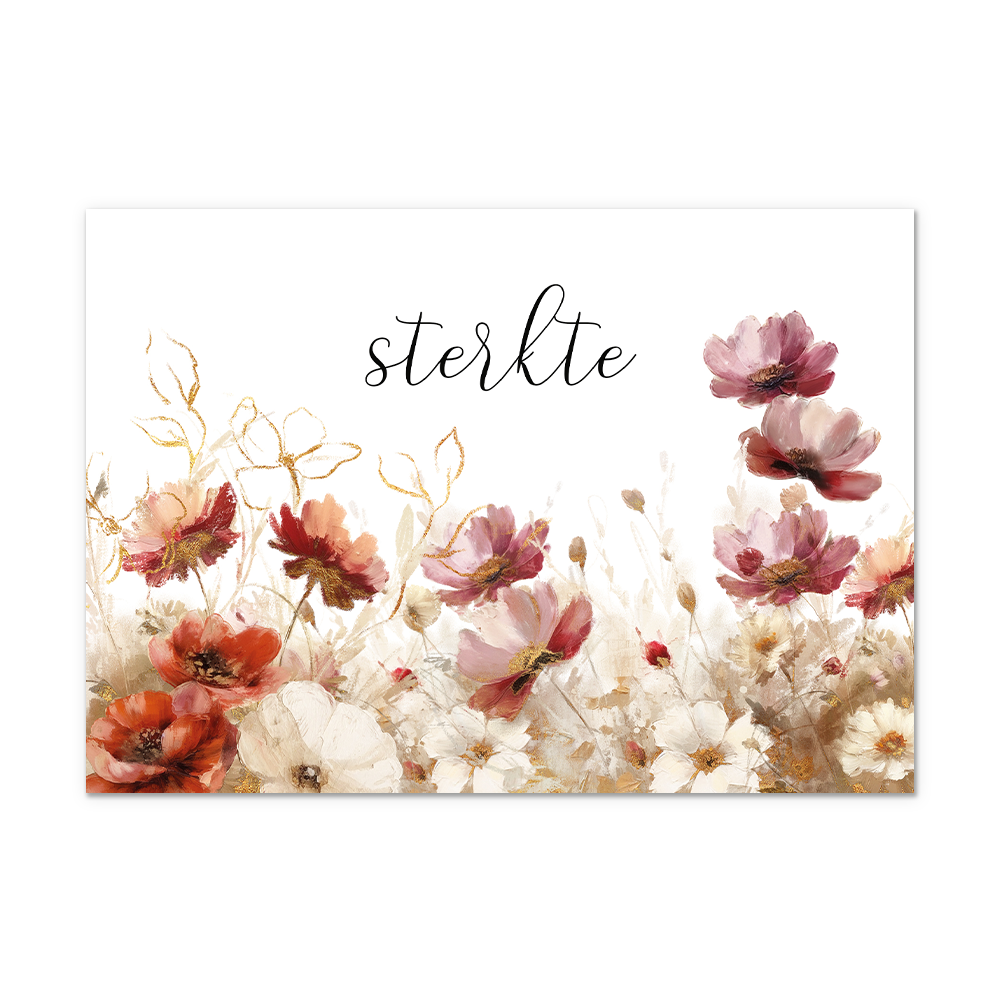 Postcard Sterkte - 10 stuks - Formaat: Normaal - Vorm: Liggend - Postcards - Op deze postcard staat de tekst: "Sterkte" met daaronder bloemen in de kleuren oud roze, rood, beige en wit. - Snelwenskaart