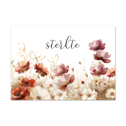 Postcard Sterkte - 10 stuks - Formaat: Normaal - Vorm: Liggend - Postcards - Op deze postcard staat de tekst: "Sterkte" met daaronder bloemen in de kleuren oud roze, rood, beige en wit. - Snelwenskaart