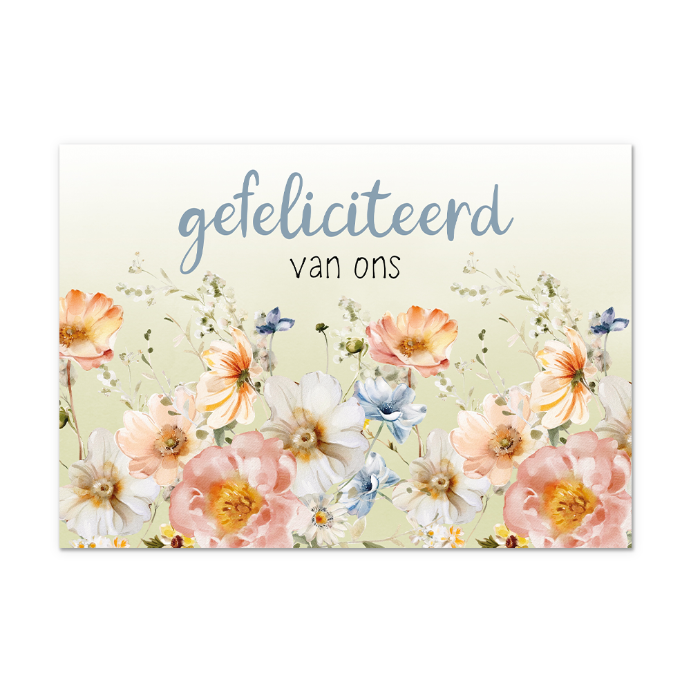 Postcard Gefeliciteerd van ons - 10 stuks - Formaat: Normaal - Vorm: Liggend - Postcards - Op deze postcard staat de tekst: "Gefeliciteerd van ons" met daaronder bloemen in de kleuren oranje, beige, wit en blauw. - Snelwenskaart