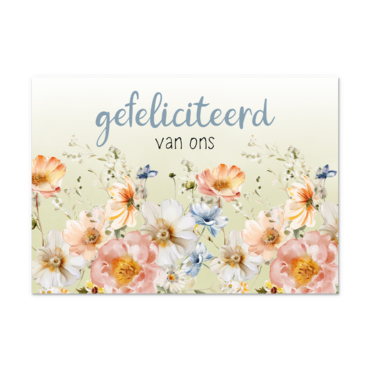 Postcard Gefeliciteerd van ons - 10 stuks - Formaat: Normaal - Vorm: Liggend - Postcards - Op deze postcard staat de tekst: "Gefeliciteerd van ons" met daaronder bloemen in de kleuren oranje, beige, wit en blauw. - Snelwenskaart