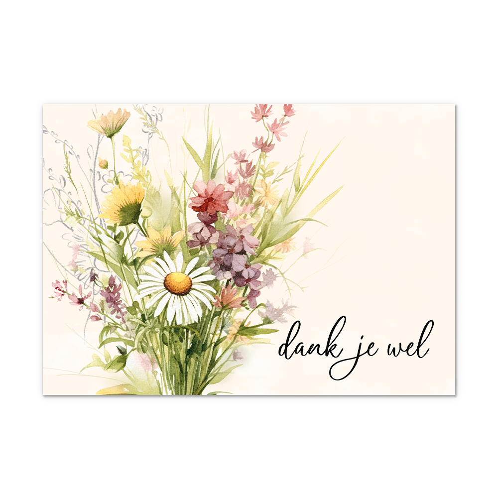 Postcard Dank je wel - 10 stuks - Formaat: Normaal - Vorm: Liggend - Postcards - Op deze postcard staat de tekst: "Dank je wel" met links daarnaast een bos met diverse bloemen. - Snelwenskaart