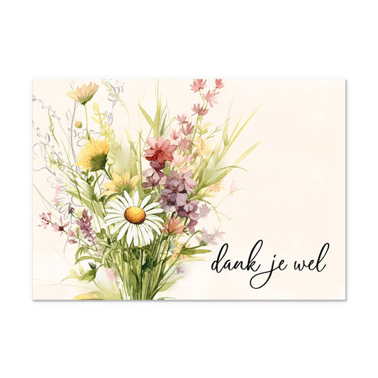 Postcard Dank je wel - 10 stuks - Formaat: Normaal - Vorm: Liggend - Postcards - Op deze postcard staat de tekst: "Dank je wel" met links daarnaast een bos met diverse bloemen. - Snelwenskaart