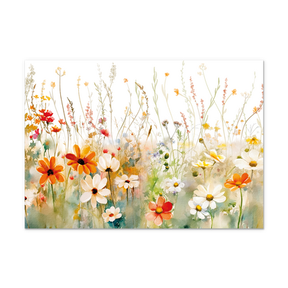 Postcard Bloemenveld - 10 stuks - Formaat: Normaal - Vorm: Liggend - Postcards - Op deze postkaart staat een sfeervolle aquarel van een uitgestrekt veld met wilde bloemen. De voorgrond is gevuld met gedetailleerde bloemen in warme tinten zoals oranje, wit en zachtrood, terwijl de achtergrond overgaat in een lichte, witte hemel met fijne, omhoogreikende stengels en grassen. De waterverftechniek zorgt voor zachte kleurovergangen en een luchtig, natuurlijk gevoel. - Snelwenskaart