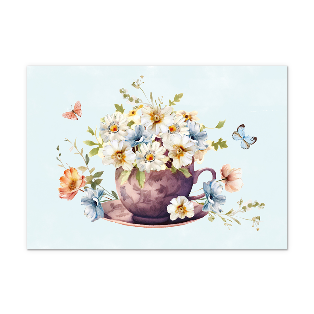 Postcard Bloemen en vlinder - 10 stuks - Formaat: Normaal - Vorm: Liggend - Postcards - Op deze wenskaart staat een kopje waar bloemen in de kleuren oranje, wit en blauw inzitten. - Snelwenskaart