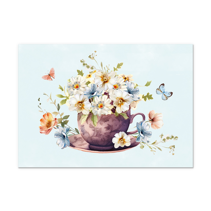 Postcard Bloemen en vlinder - 10 stuks - Formaat: Normaal - Vorm: Liggend - Postcards - Op deze wenskaart staat een kopje waar bloemen in de kleuren oranje, wit en blauw inzitten. - Snelwenskaart