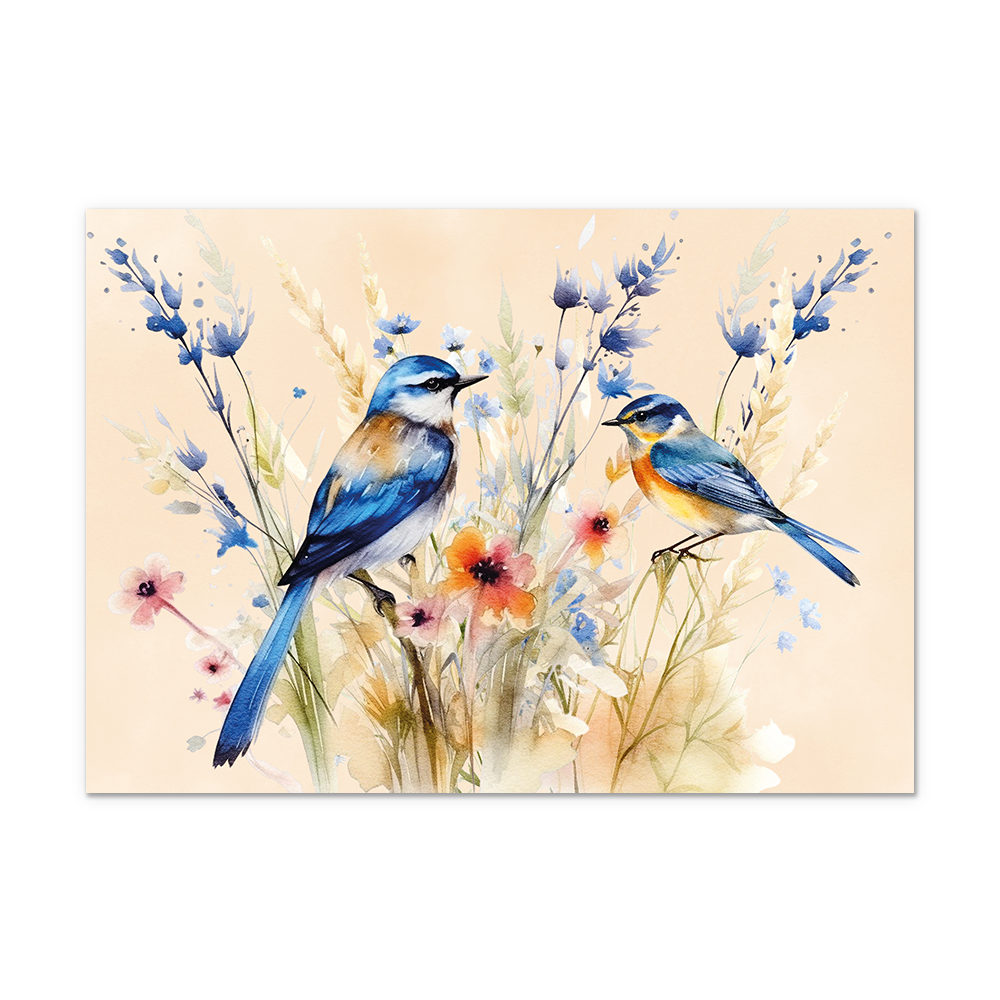 Postcard Vogels - 10 stuks - Formaat: Normaal - Vorm: Liggend - Postcards - Op deze postcard staan twee blauwe vogels die bloemen in de kleuren paars, roze, geel en wit zitten. - Snelwenskaart