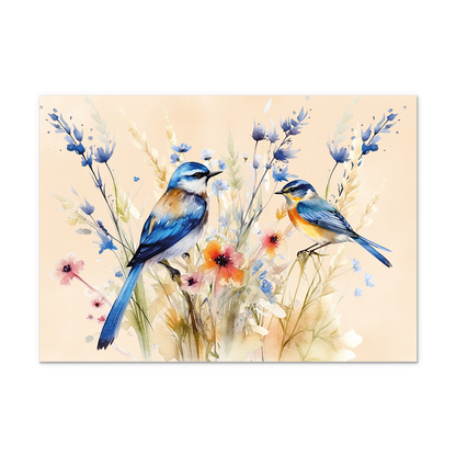 Postcard Vogels - 10 stuks - Formaat: Normaal - Vorm: Liggend - Postcards - Op deze postcard staan twee blauwe vogels die bloemen in de kleuren paars, roze, geel en wit zitten. - Snelwenskaart