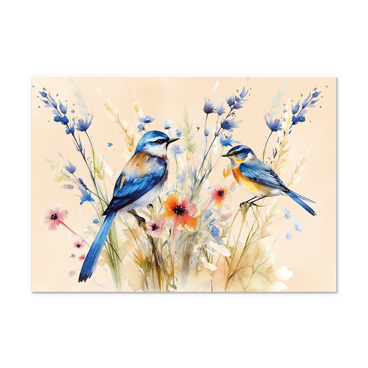Postcard Vogels - 10 stuks - Formaat: Normaal - Vorm: Liggend - Postcards - Op deze postcard staan twee blauwe vogels die bloemen in de kleuren paars, roze, geel en wit zitten. - Snelwenskaart
