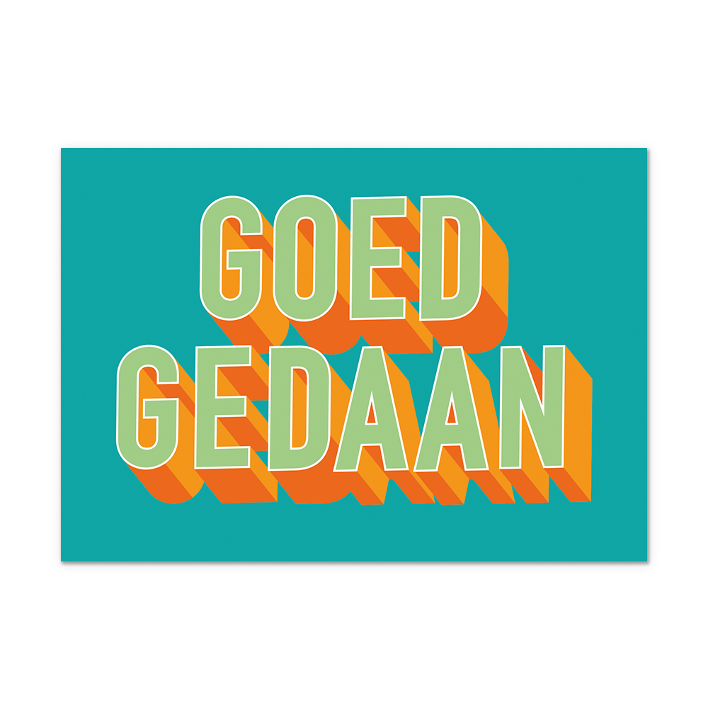 Postcard Goed gedaan - 10 stuks - Formaat: Normaal - Vorm: Liggend - Postcards - Op deze postcards staat de tekst: "Goed gedaan" in het lichtgroen met oranje details, op een groen/blauwe achtergrond. - Snelwenskaart
