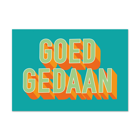 Postcard Goed gedaan - 10 stuks - Formaat: Normaal - Vorm: Liggend - Postcards - Op deze postcards staat de tekst: "Goed gedaan" in het lichtgroen met oranje details, op een groen/blauwe achtergrond. - Snelwenskaart