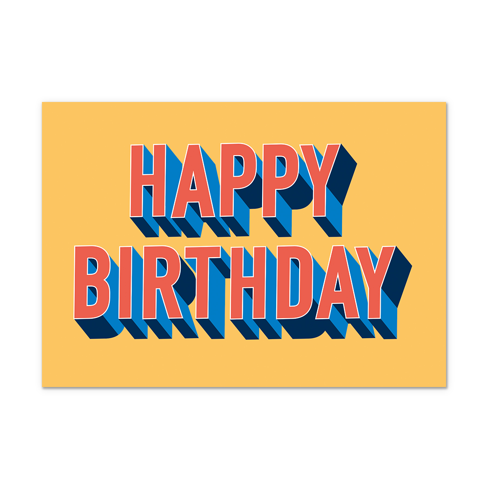 Postcard Happy birthday - 10 stuks - Formaat: Normaal - Vorm: Liggend - Postcards - Op deze postcard staat de tekst: "Happy birthday" in het rood met blauwe details, op een oranje/gele achtergrond. - Snelwenskaart
