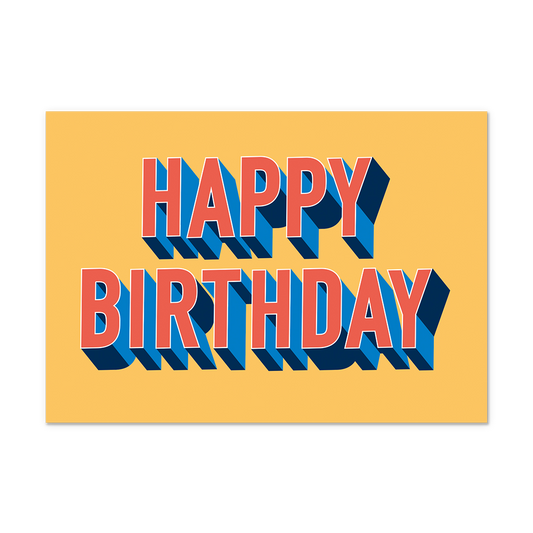 Postcard Happy birthday - 10 stuks - Formaat: Normaal - Vorm: Liggend - Postcards - Op deze postcard staat de tekst: "Happy birthday" in het rood met blauwe details, op een oranje/gele achtergrond. - Snelwenskaart