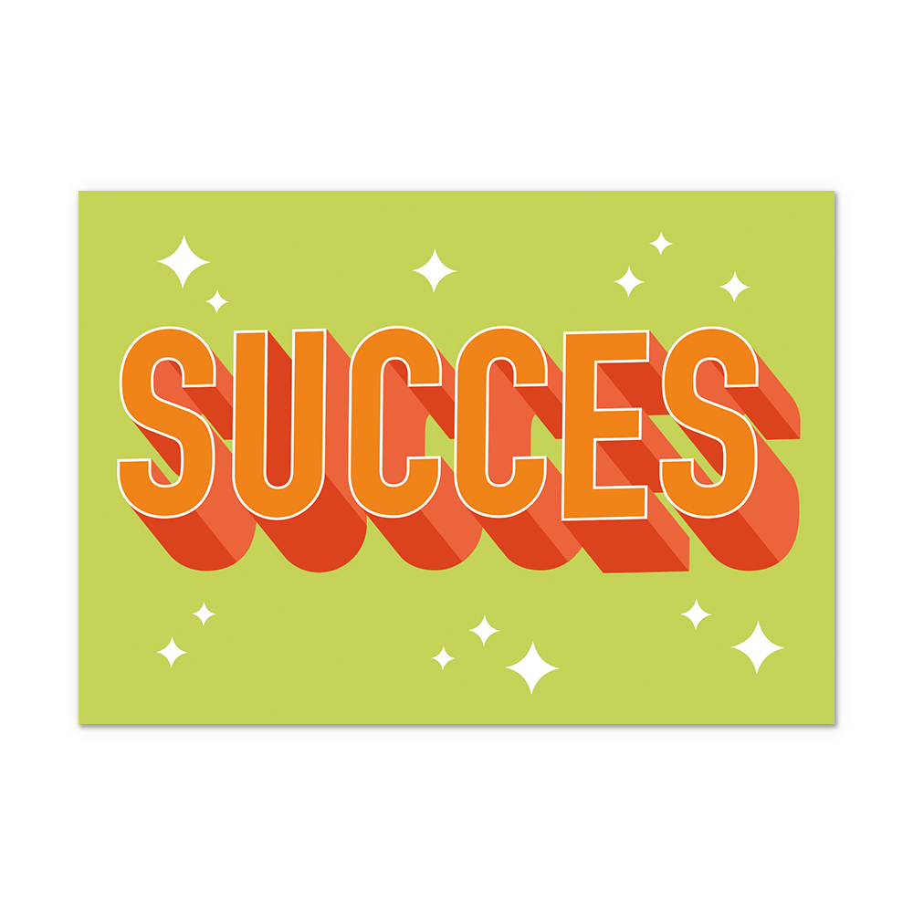 Postcard Succes - 10 stuks - Formaat: Normaal - Vorm: Liggend - Postcards - Op deze postcard staat de tekst: "Succes" in het oranje, op een groene achtergrond met witte sterren. - Snelwenskaart