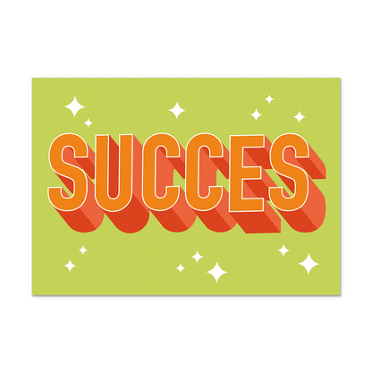 Postcard Succes - 10 stuks - Formaat: Normaal - Vorm: Liggend - Postcards - Op deze postcard staat de tekst: "Succes" in het oranje, op een groene achtergrond met witte sterren. - Snelwenskaart