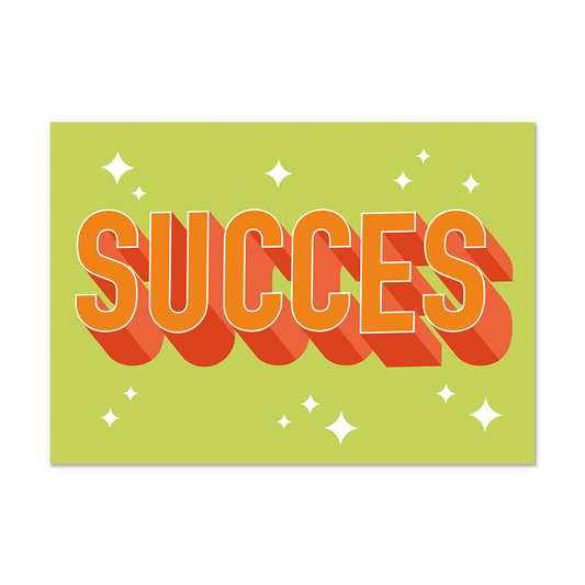 Postcard Succes - 10 stuks - Formaat: Normaal - Vorm: Liggend - Postcards - Op deze postcard staat de tekst: "Succes" in het oranje, op een groene achtergrond met witte sterren. - Snelwenskaart