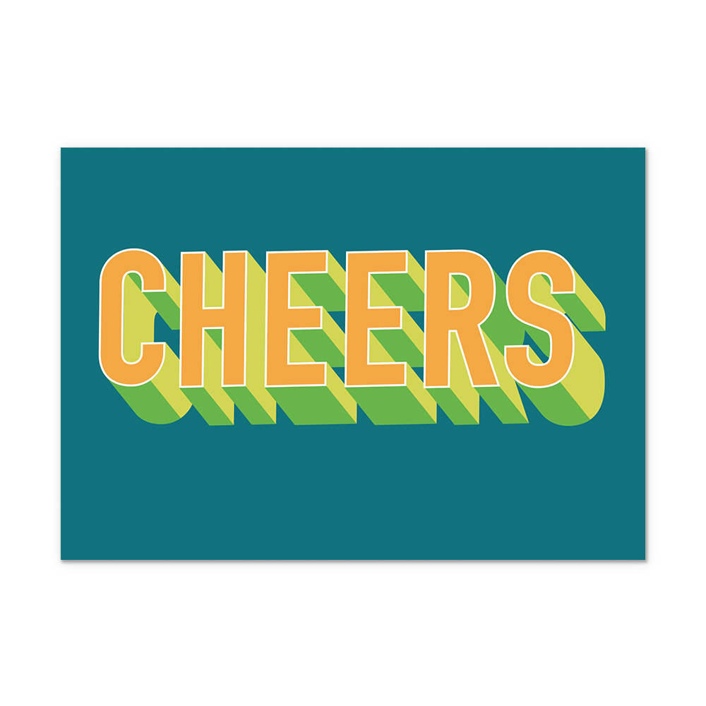 Postcard Cheers - 10 stuks - Formaat: Normaal - Vorm: Liggend - Postcards - Op deze postcard staat de tekst: "Cheers" in het geel met groene details, op een donkergroene achtergrond. - Snelwenskaart