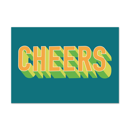 Postcard Cheers - 10 stuks - Formaat: Normaal - Vorm: Liggend - Postcards - Op deze postcard staat de tekst: "Cheers" in het geel met groene details, op een donkergroene achtergrond. - Snelwenskaart
