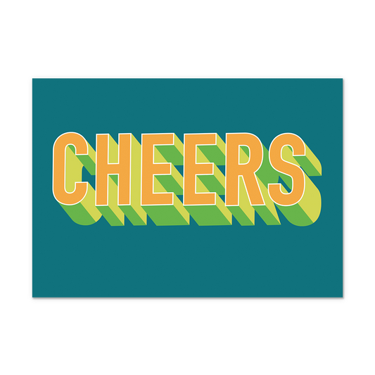 Postcard Cheers - 10 stuks - Formaat: Normaal - Vorm: Liggend - Postcards - Op deze postcard staat de tekst: "Cheers" in het geel met groene details, op een donkergroene achtergrond. - Snelwenskaart