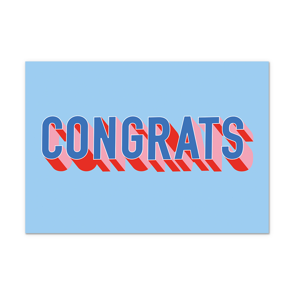 Postcard Congrats - 10 stuks - Formaat: Normaal - Vorm: Liggend - Postcards - Op deze postcard staat de tekst "Congrats" in het donkerblauw met roze details, op een lichtblauwe achtergrond. - Snelwenskaart