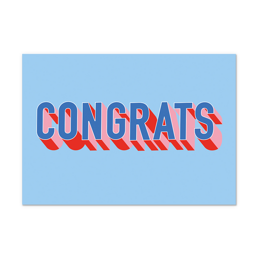 Postcard Congrats - 10 stuks - Formaat: Normaal - Vorm: Liggend - Postcards - Op deze postcard staat de tekst "Congrats" in het donkerblauw met roze details, op een lichtblauwe achtergrond. - Snelwenskaart