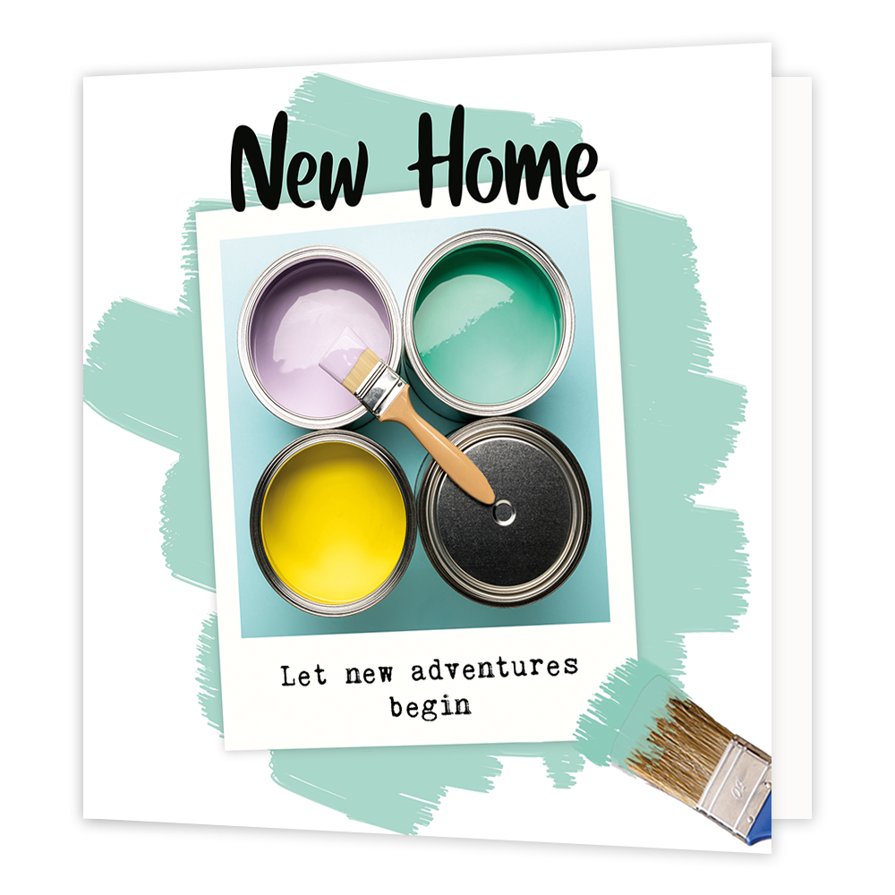 New home - Formaat: Normaal - Vorm: Vierkant - Woningkaart - Op deze wenskaart staan vier potten met verf. In de illustratie staat de tekst: "New home let new adventures begin". - Snelwenskaart