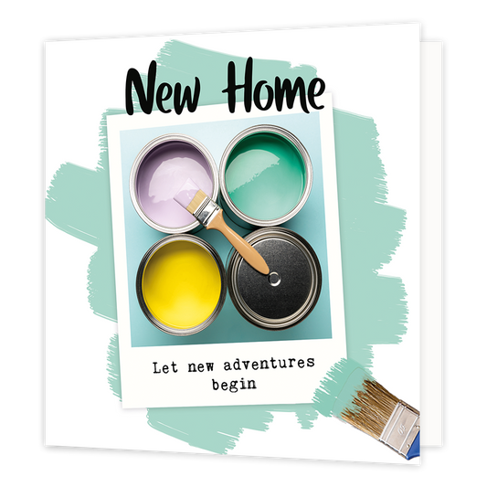 New home - Formaat: Normaal - Vorm: Vierkant - Woningkaart - Op deze wenskaart staan vier potten met verf. In de illustratie staat de tekst: "New home let new adventures begin". - Snelwenskaart