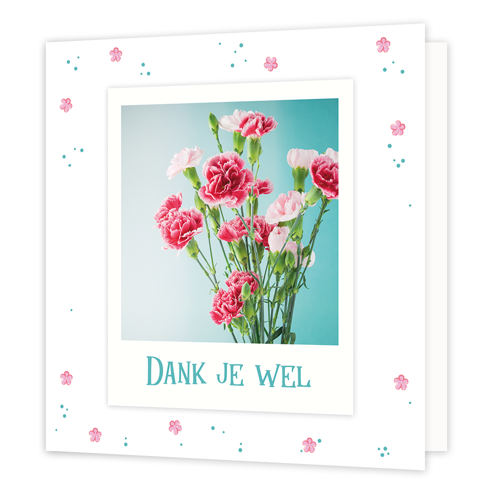 Dank je wel - Formaat: Normaal - Vorm: Vierkant - Bedankkaart - Op deze wenskaart staan roze bloemen met daaronder de tekst: "Dank je wel". - Snelwenskaart