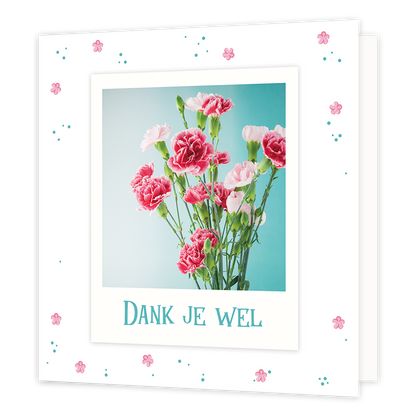 Dank je wel - Formaat: Normaal - Vorm: Vierkant - Bedankkaart - Op deze wenskaart staan roze bloemen met daaronder de tekst: "Dank je wel". - Snelwenskaart