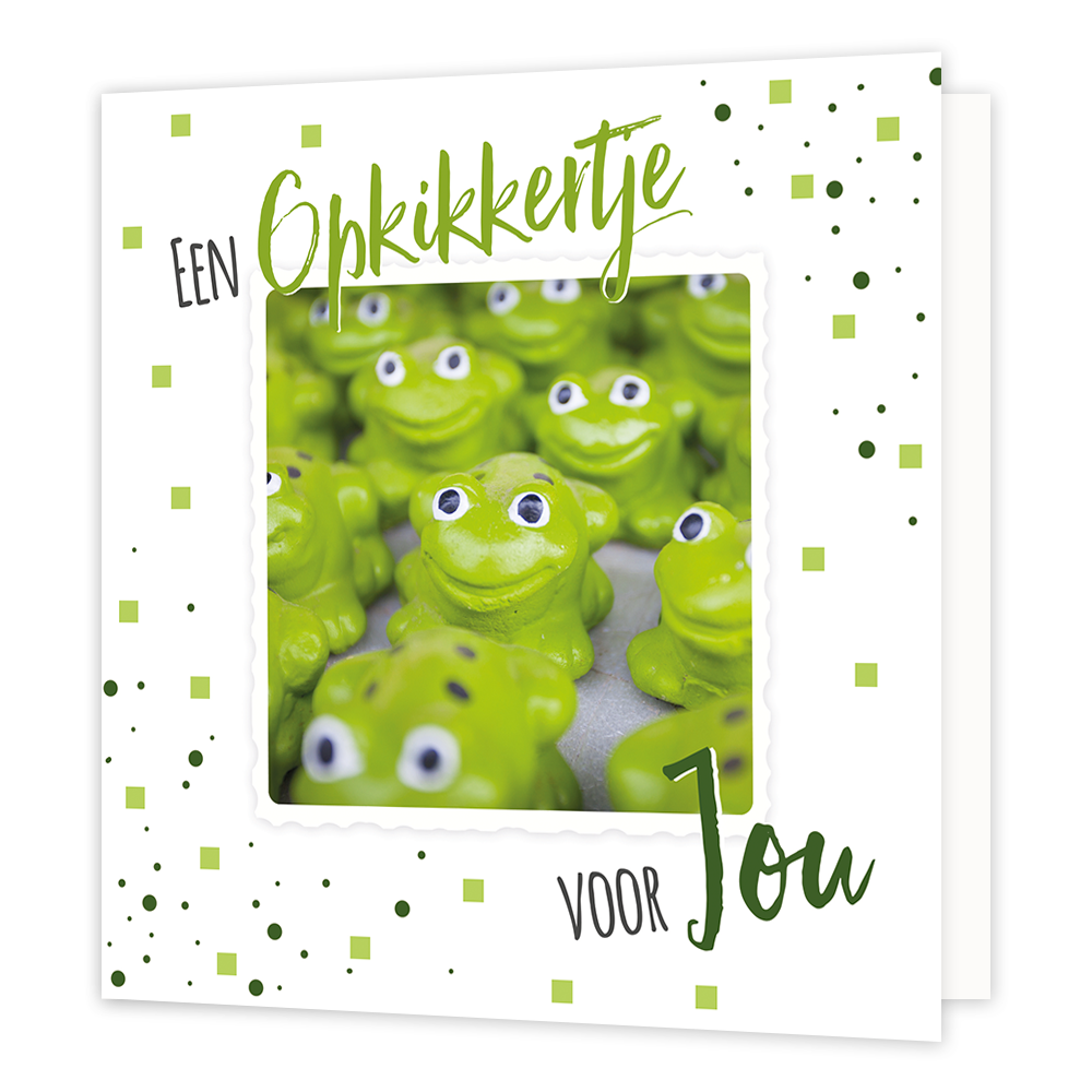 Een opkikkertje voor jou - Formaat: Normaal - Vorm: Vierkant - Opkikker kaart - Op deze wenskaarrt staan kikkertjes met de tekst: "Een opkikkertje voor jou". - Snelwenskaart