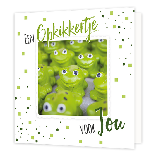 Een opkikkertje voor jou - Formaat: Normaal - Vorm: Vierkant - Opkikker kaart - Op deze wenskaarrt staan kikkertjes met de tekst: "Een opkikkertje voor jou". - Snelwenskaart