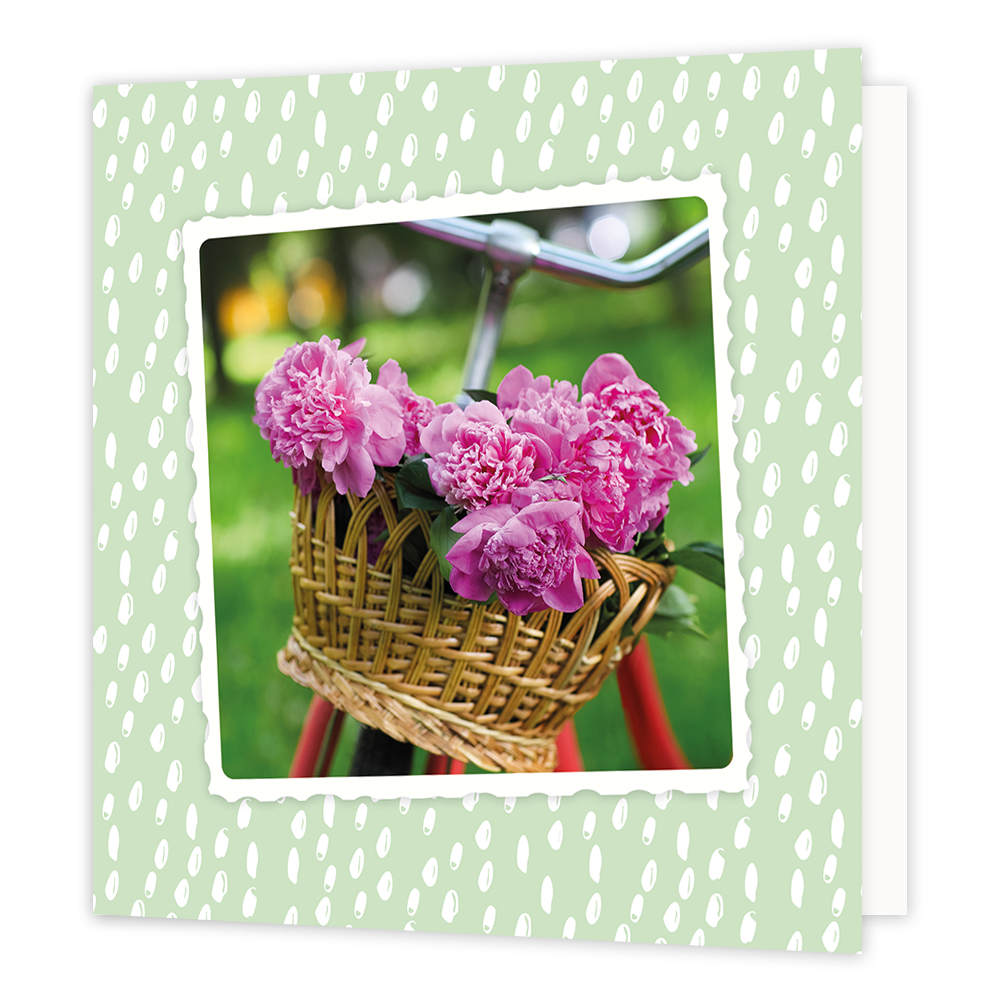 Bloemen - Formaat: Standaard - Vorm: Vierkant - Blanco kaart - Op deze wenskaart staat een fiets met roze bloemen in het mandje. - Snelwenskaart